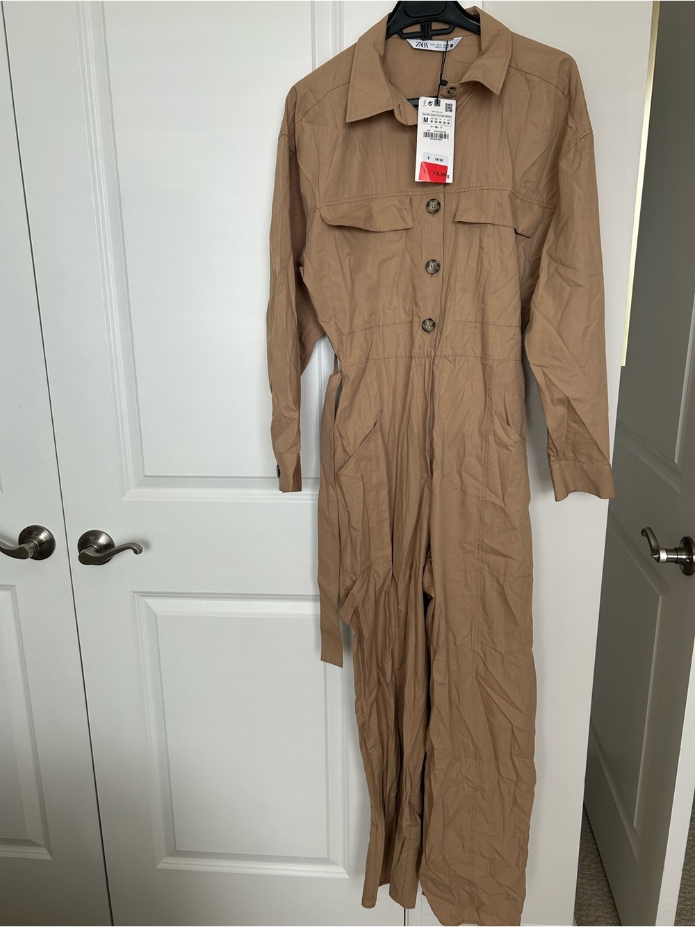 Zara Tan Long-Sleeve Utility Jumpsuit with Waist Tie